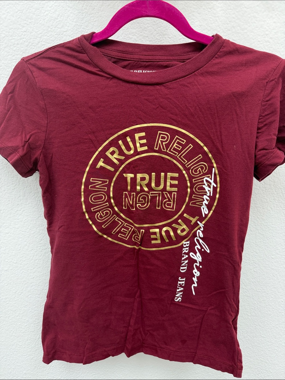 True Religion Women's Short Sleeve Graphic Tee in Burgundy with Gold Logo